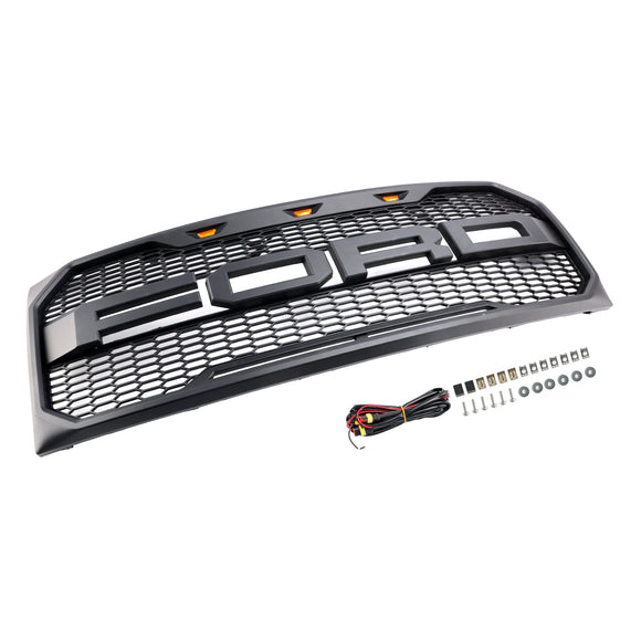 2009-2014 Ford F150 Raptor Style Front Bumper Grille Matte Black Replacement Honeycomb Grill With LED