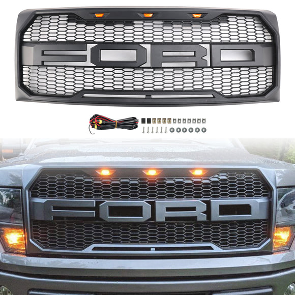 2009-2014 Ford F150 Raptor Style Front Bumper Grille Matte Black Replacement Honeycomb Grill With LED