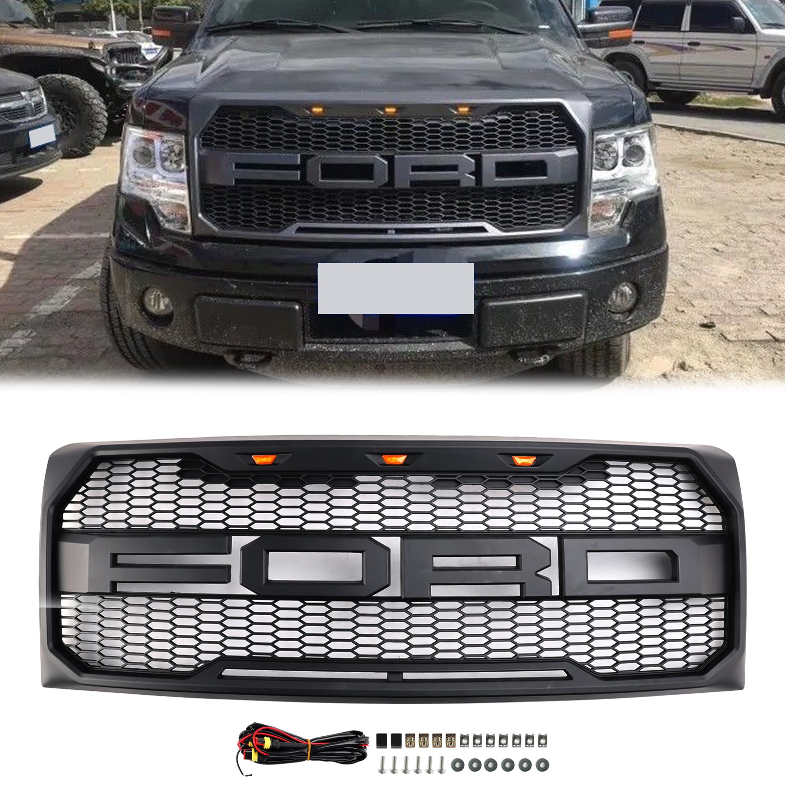 Ford F150 | Calandre de style Raptor | 2009-2014 | Avec éclairage LED | Pare-chocs avant | Calandre en nid d'abeille noir mat / noir brillant / gris
