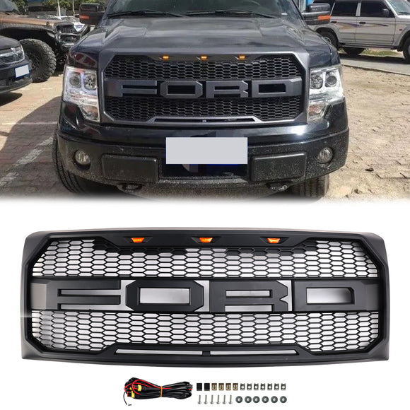 2009-2014 Ford F150 Raptor Style Front Bumper Grille Matte Black Replacement Honeycomb Grill With LED