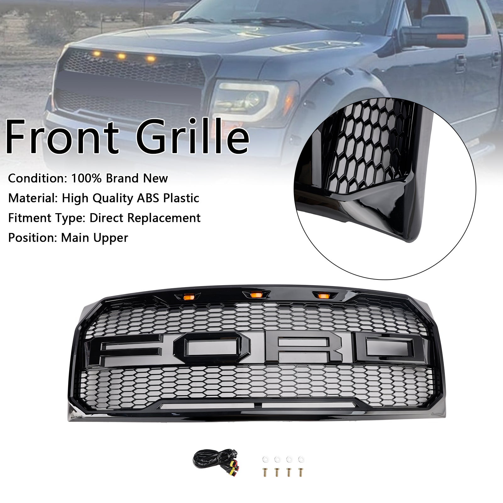 2009-2014 Ford F150 Raptor Style Grill Front Bumper Glossy Black Replacement Grille With LED