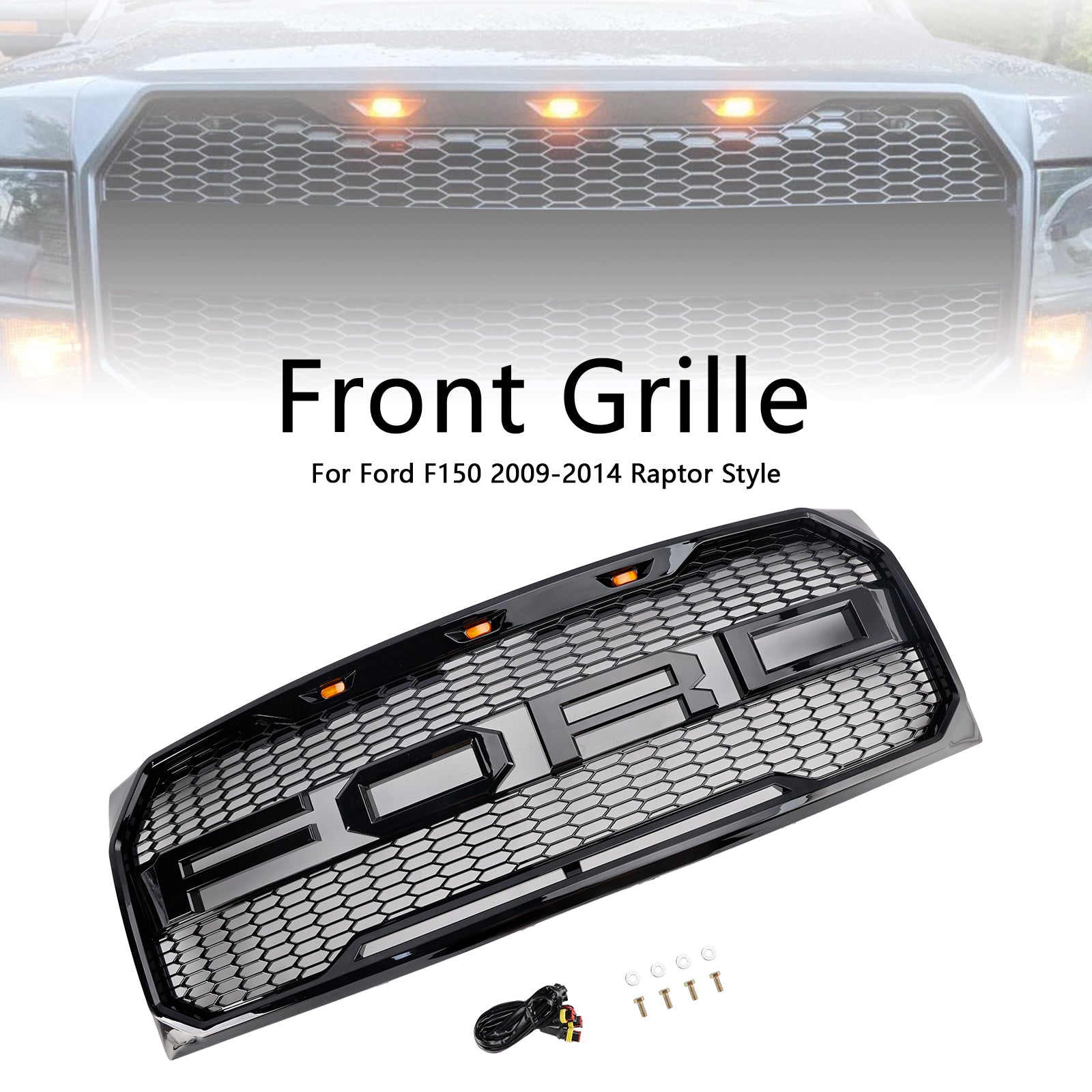 Parachoques delantero estilo Raptor Ford F150 2009-2014, rejilla de repuesto negra brillante con LED