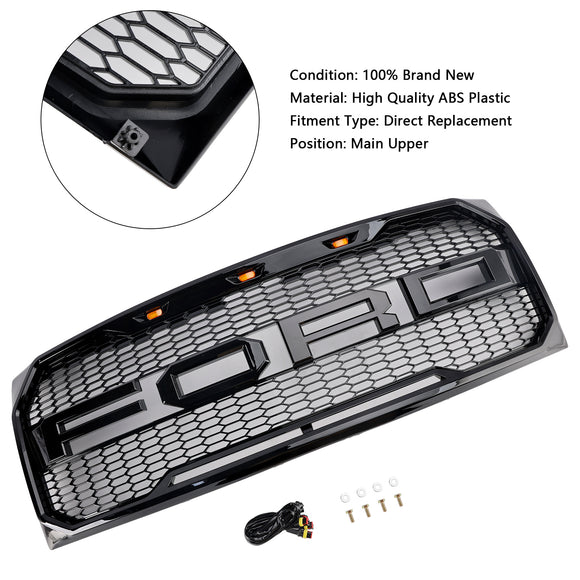Parrilla de repuesto negra brillante para parachoques delantero estilo Raptor Ford F150 2009-2014 con LED