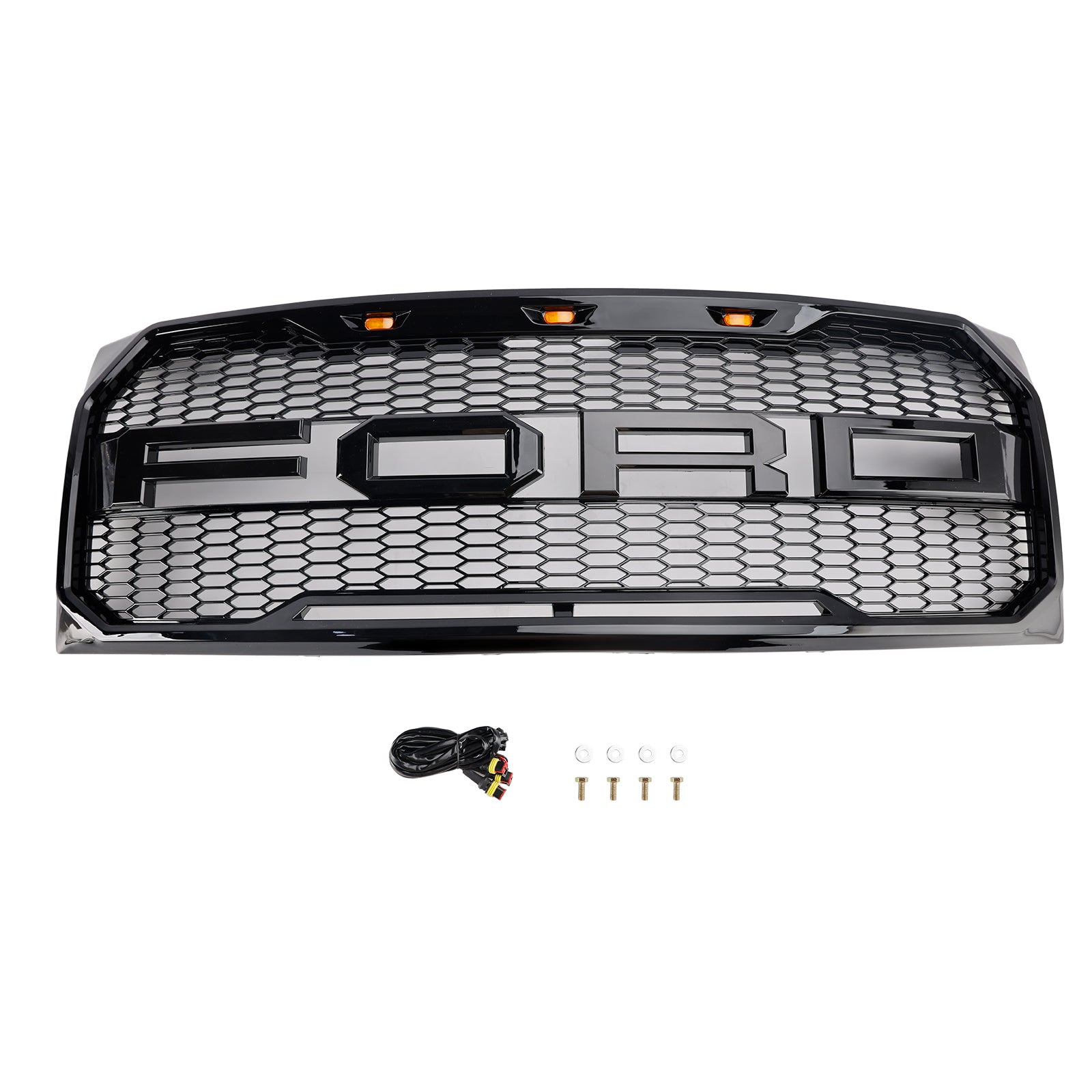 2009-2014 Ford F150 Raptor Style Grill Front Bumper Glossy Black Replacement Grille With LED