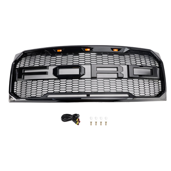 Parrilla de repuesto negra brillante para parachoques delantero estilo Raptor Ford F150 2009-2014 con LED