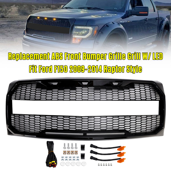 Ford F150 | Kühlergrill im Raptor-Stil | 2009-2014 | Mit LED-Licht | Frontstoßstange | Mattes Schwarz/Glänzendes Schwarz/Grauer Wabengrill + FORD-Schriftzug