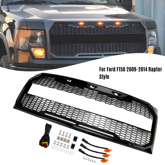 Ford F150 | Kühlergrill im Raptor-Stil | 2009-2014 | Mit LED-Licht | Frontstoßstange | Mattes Schwarz/Glänzendes Schwarz/Grauer Wabengrill + FORD-Schriftzug