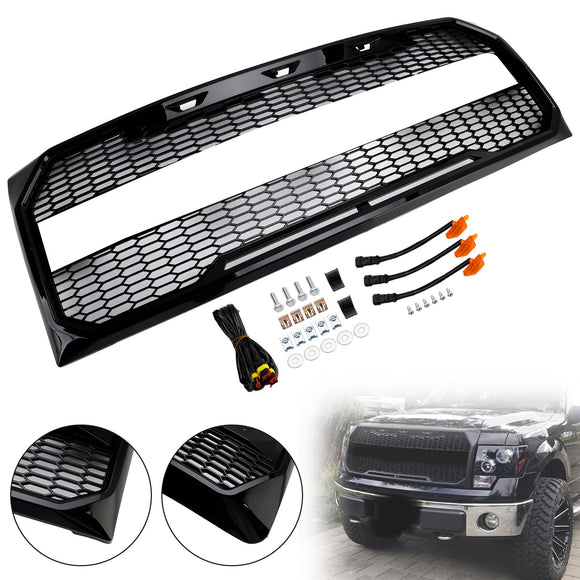Griglia di ricambio nera lucida per paraurti anteriore Ford F150 Raptor Style 2009-2014 con LED + lettera FORD