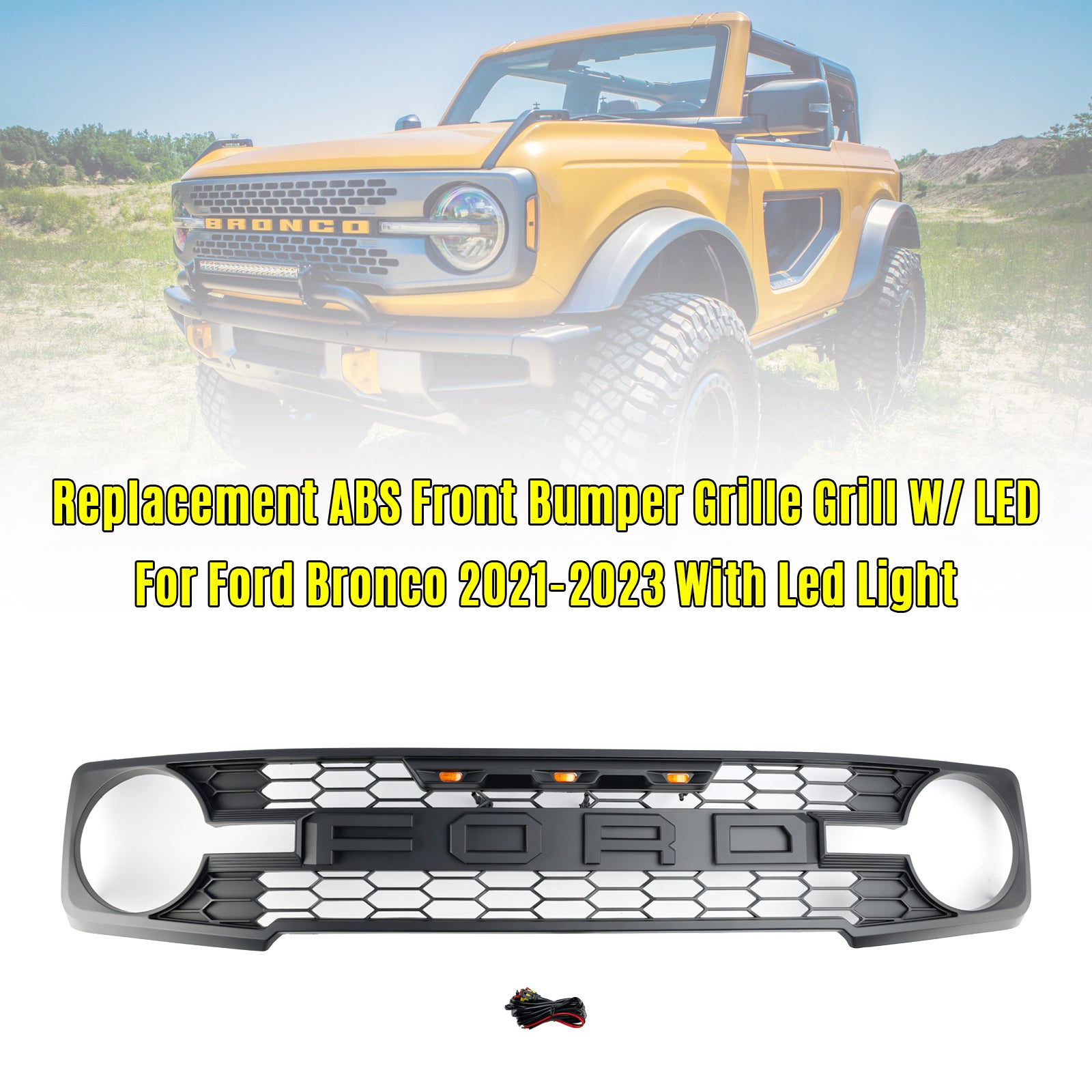 Grille de pare-chocs avant de remplacement pour Ford Bronco 2021-2023 avec éclairage LED Grille noire mate