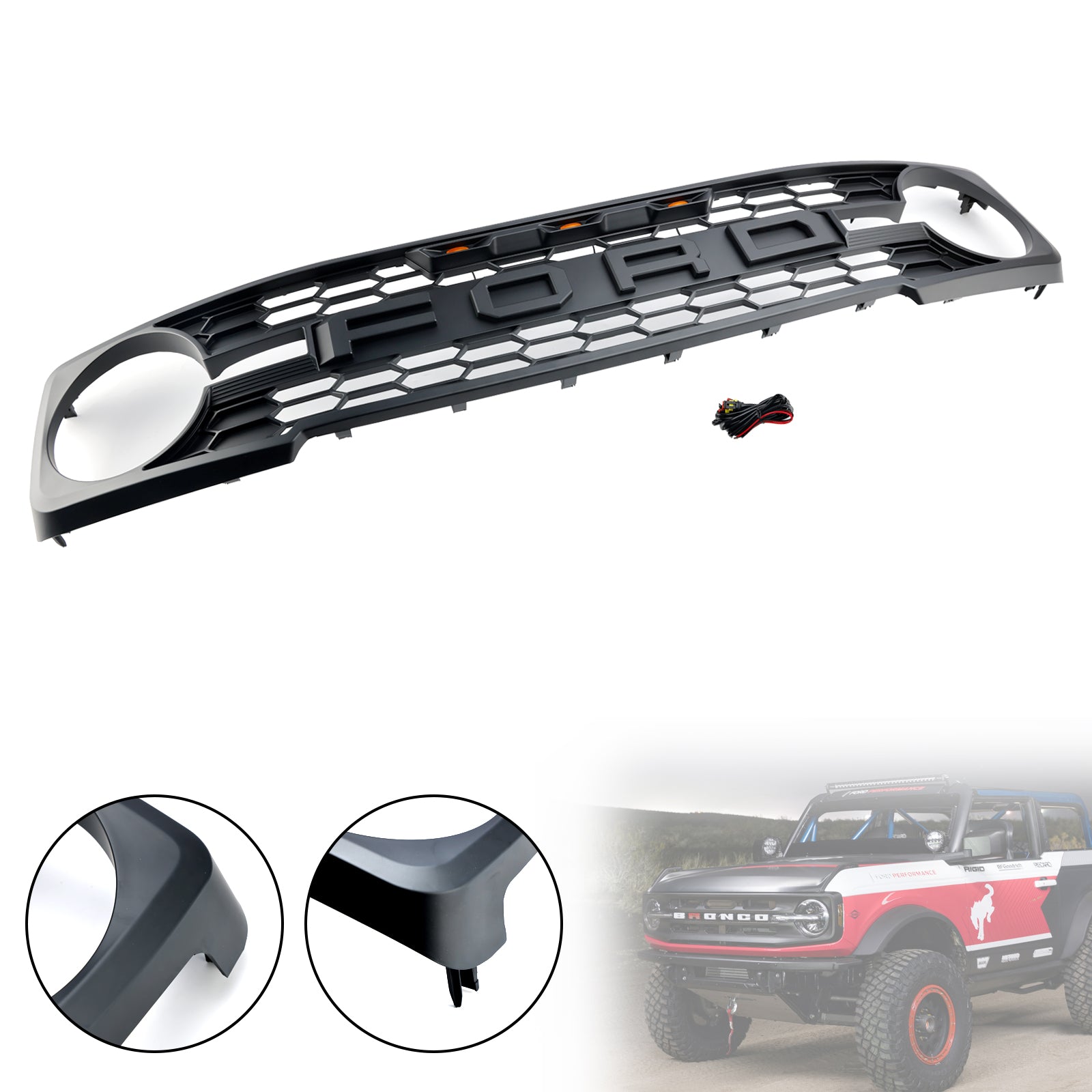 Grille de pare-chocs avant de remplacement pour Ford Bronco 2021-2023 avec éclairage LED Grille noire mate