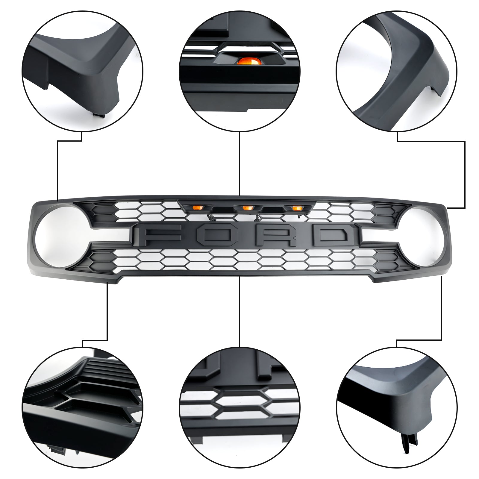 Grille de pare-chocs avant de remplacement pour Ford Bronco 2021-2023 avec éclairage LED Grille noire mate