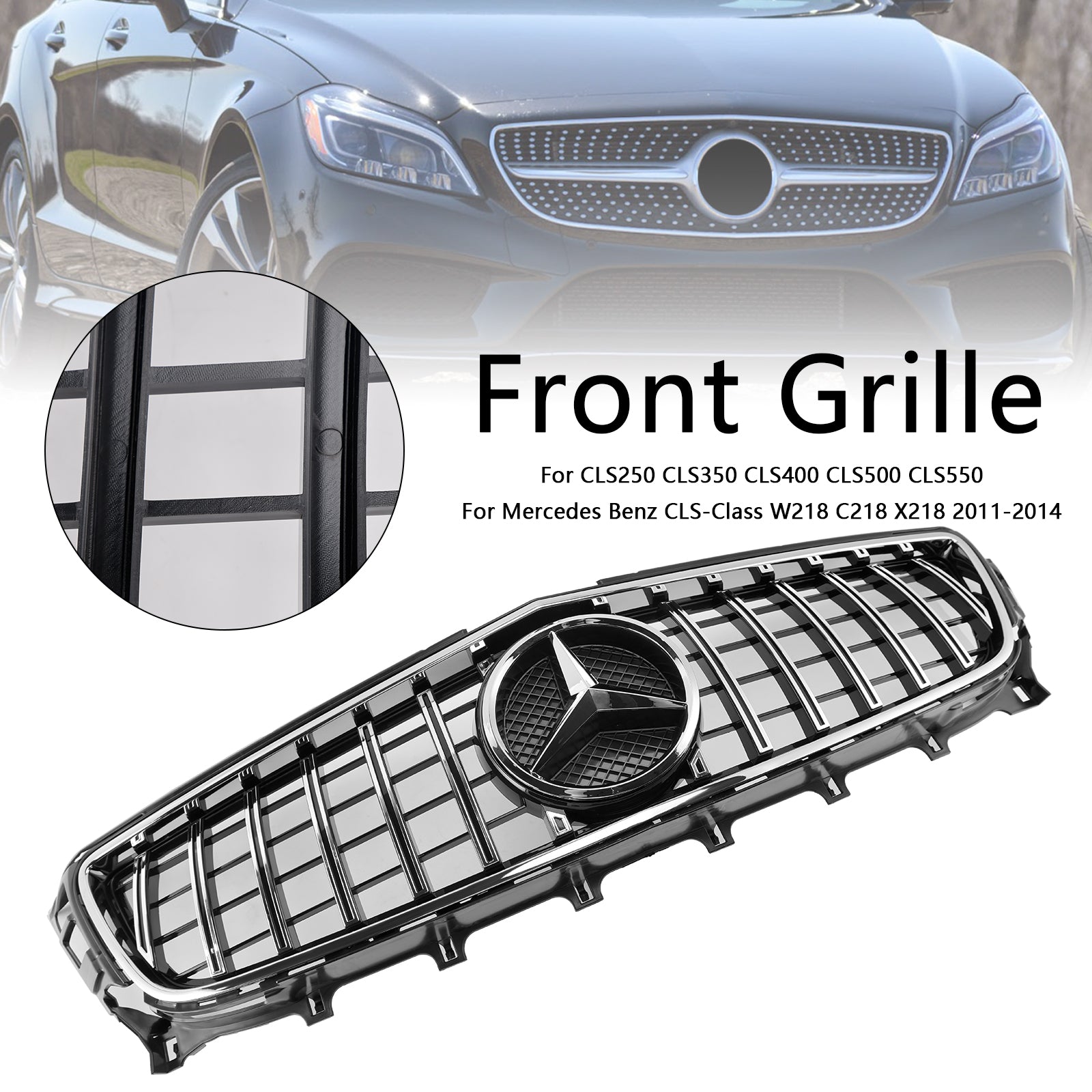 Kühlergrill im GTR-Stil für Mercedes Benz CLS-Klasse W218 C218 X218 2011-2014 Oberer Stoßfänger-Chromgrill mit Emblem