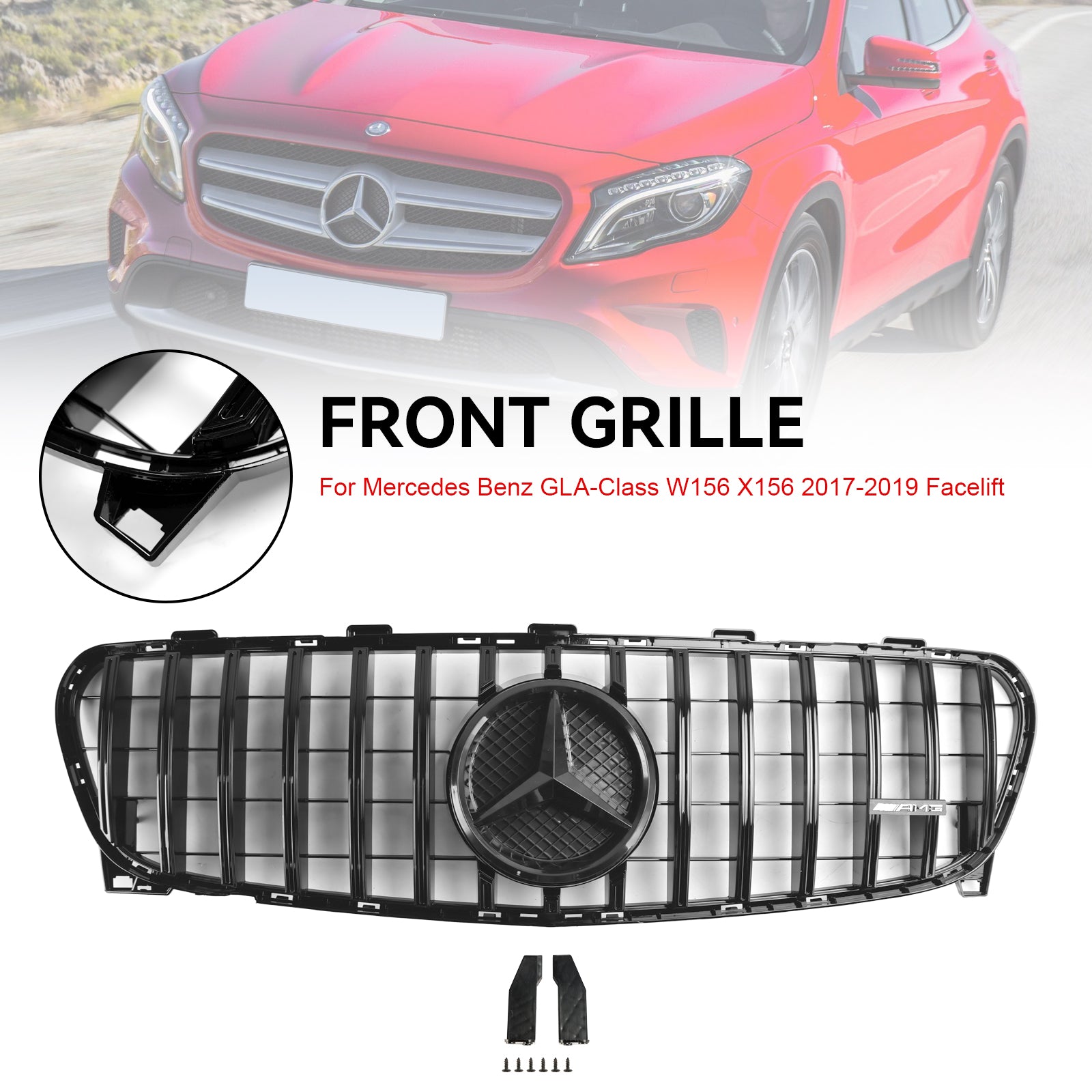 2017-2019 Mercedes Benz GLA-Class W156 X156 GT Style Grille Front Bumper Glossy Black Grill