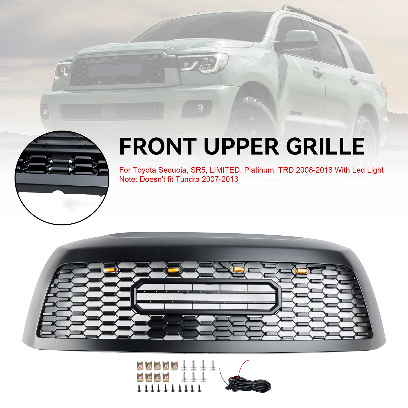 2008-2018 Toyota Sequoia, SR5, LIMITED, Platinum, TRD With Led Light Front Bumper Grill Matte Black Grille