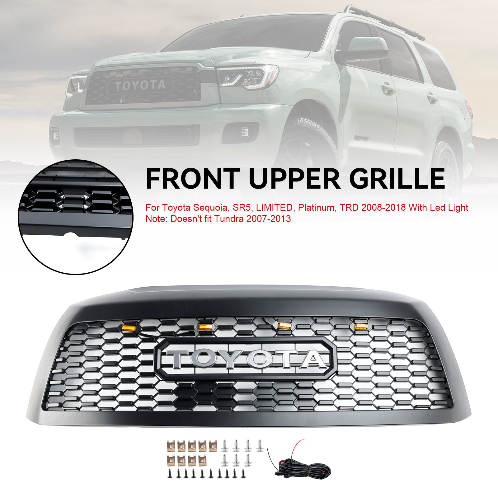 Parrilla delantera para Toyota Sequoia 2008-2018, color negro mate, con luces LED