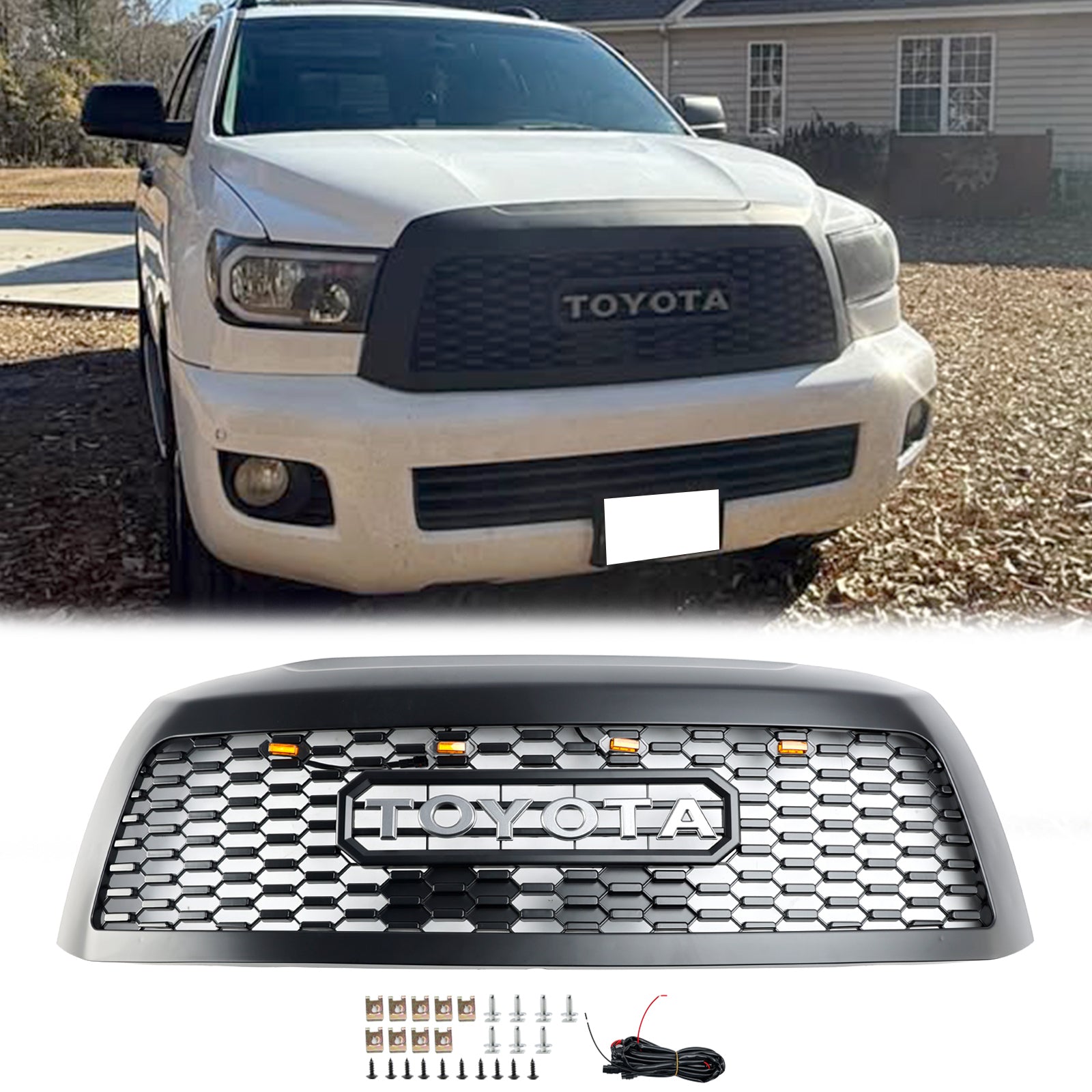 2008-2018 Toyota Sequoia Front Bumper Grill Matte Black Grille With Led Lights