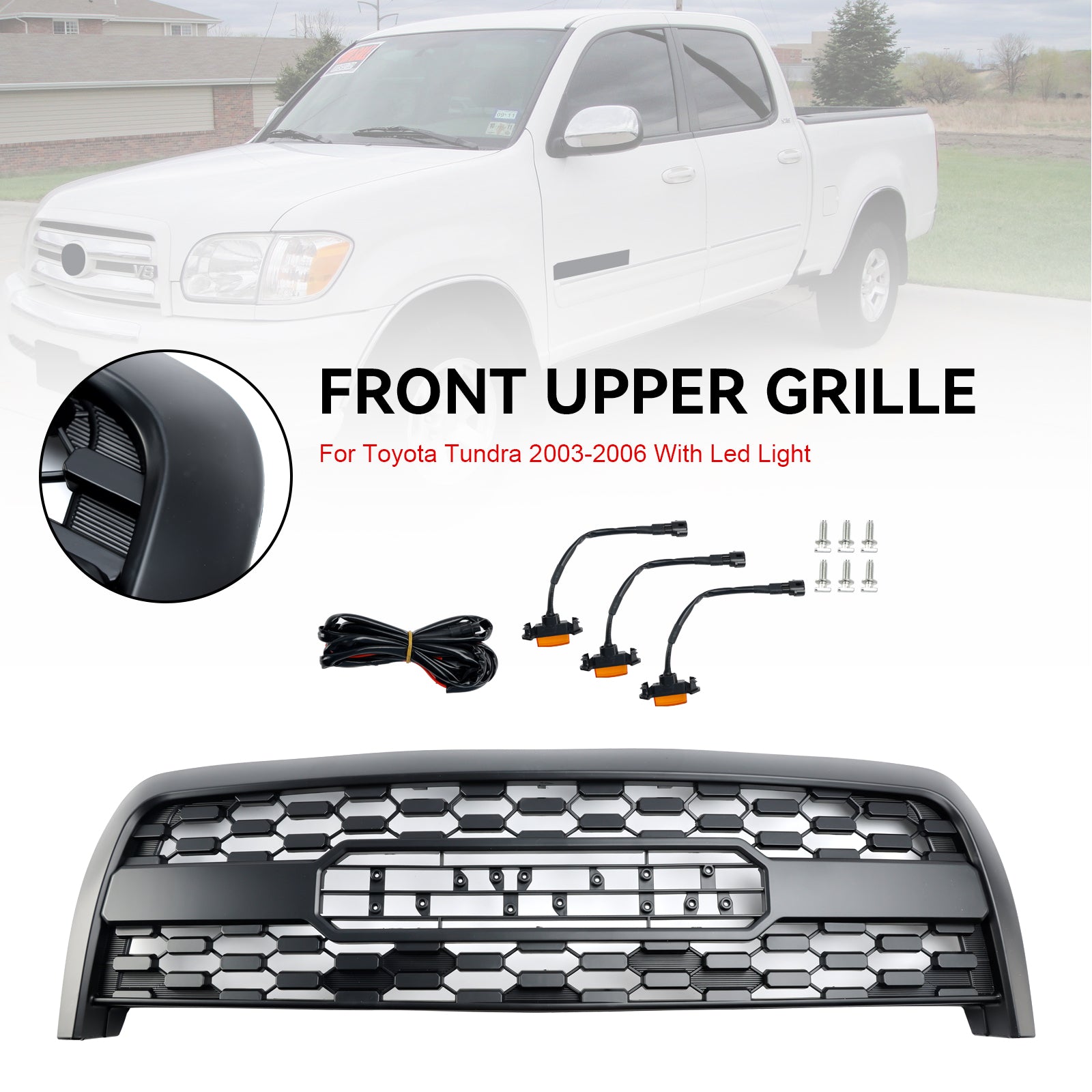 Grille de pare-chocs avant de remplacement pour Toyota Tundra 2003-2006 avec éclairage LED Grille noire mate