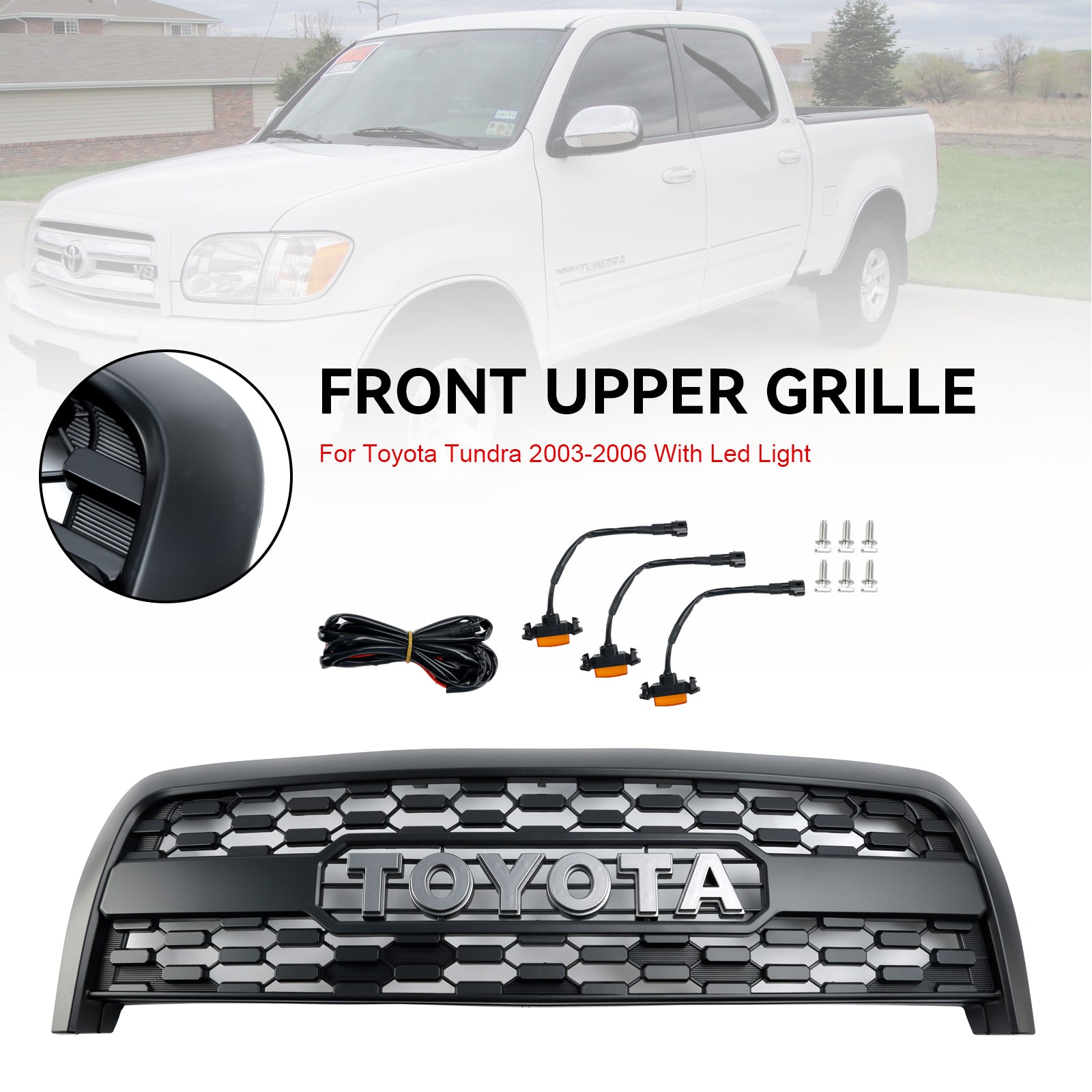 Grille de pare-chocs avant de remplacement de style TRD PRO pour Toyota Tundra 2003-2006 Grille noire mate avec éclairage LED