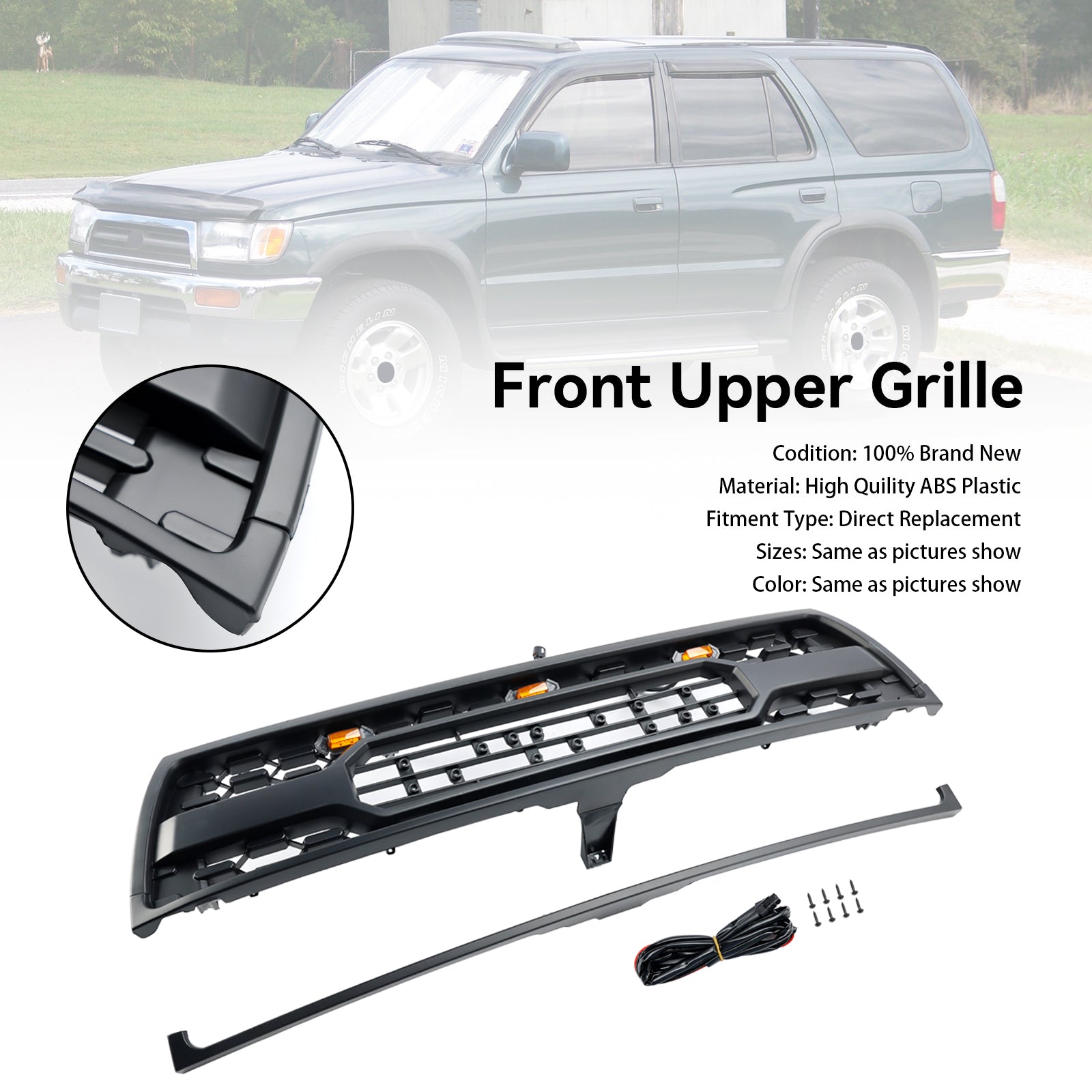 Grille de pare-chocs avant de remplacement pour Toyota 4Runner 1996-2000 avec éclairage LED Grille noire mate