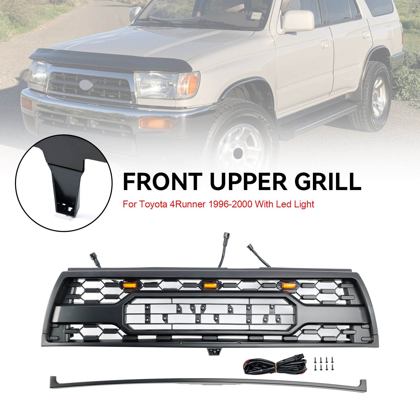 Grille de pare-chocs avant de remplacement pour Toyota 4Runner 1996-2000 avec éclairage LED Grille noire mate