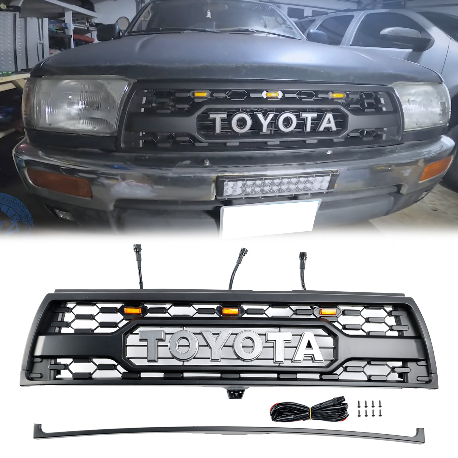 1996-2000 Toyota 4Runner TRD PRO Style Front Bumper Grill Matte Black Grille W/ LED Light