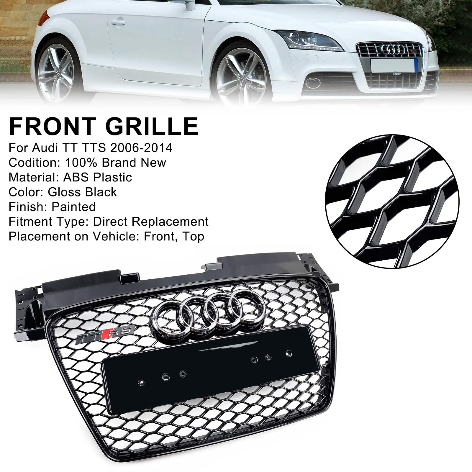 Grille de calandre avant en nid d'abeille de remplacement noire pour Audi TT TTS J8 MK2 2006-2014 RS Style