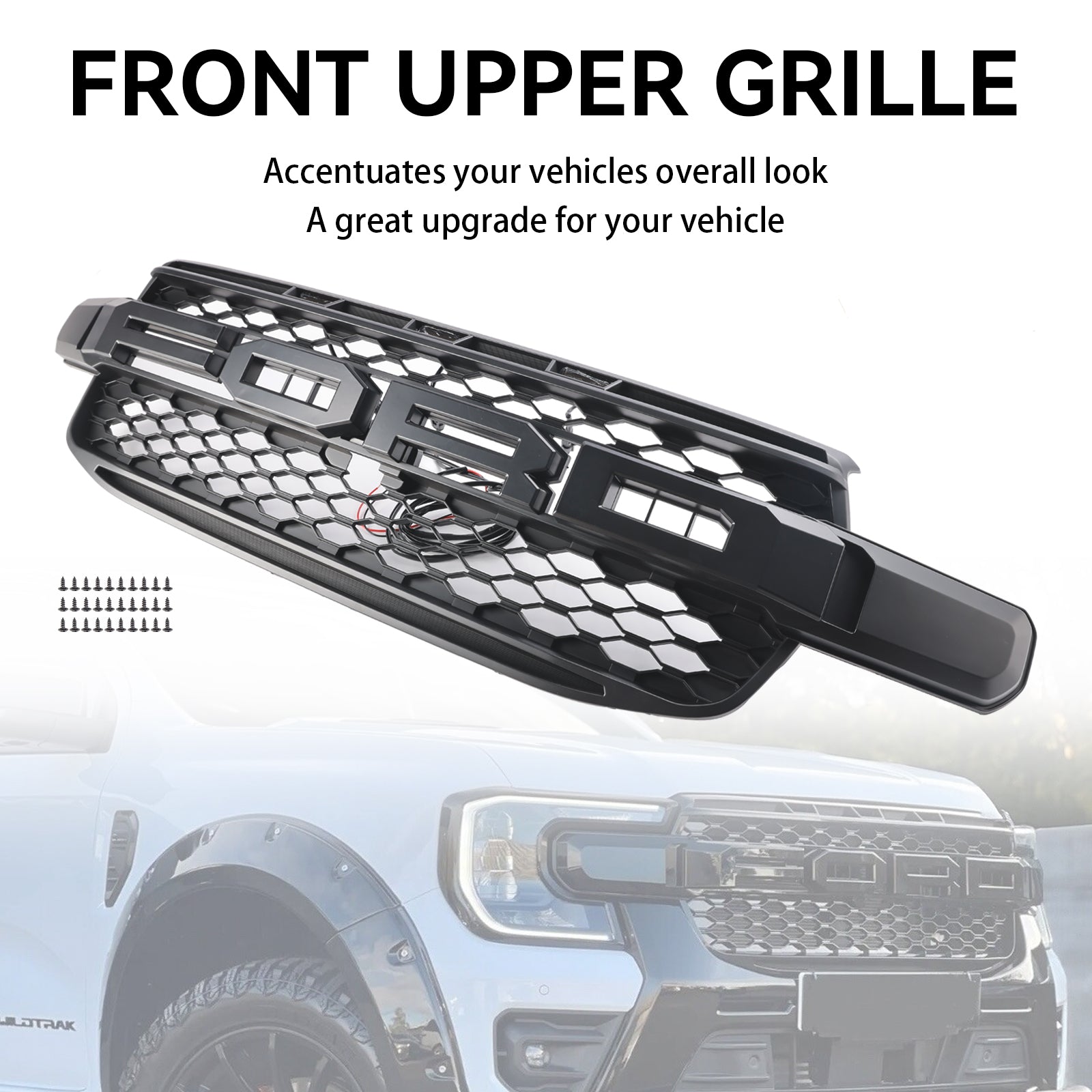 2023-2024 Ford Ranger Next Gen T9 Raptor Style Front Bumper Grill Replacement Black Grille W/ White LED Light