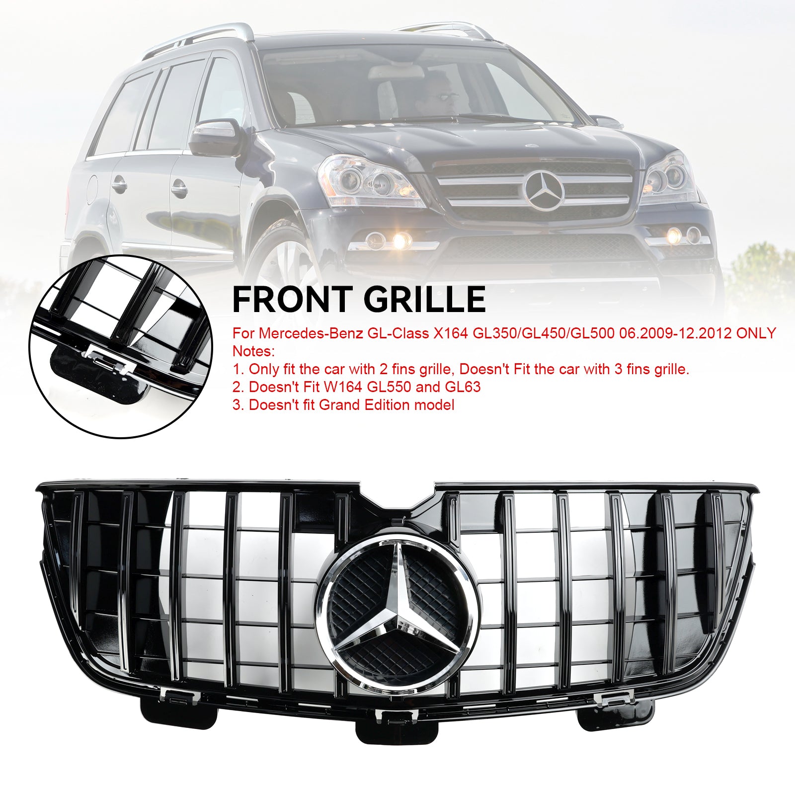 Parrilla delantera cromada/negra para Mercedes-Benz Clase GL X164 GL350/GL450/GL500 2009.06-2012