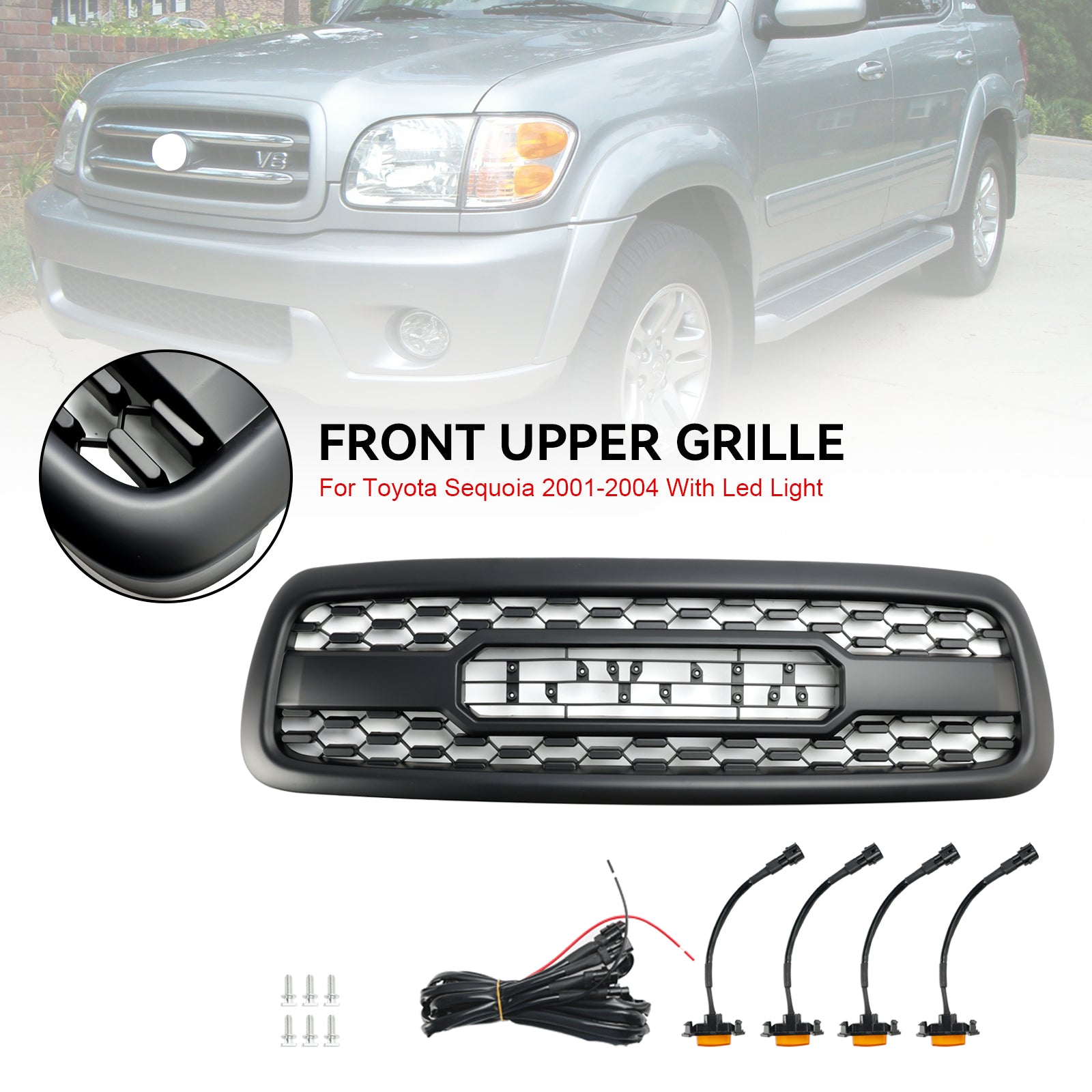 Toyota Sequoia 2001-2004 Front Bumper Grill Matte Black Grille W/ LED Lights