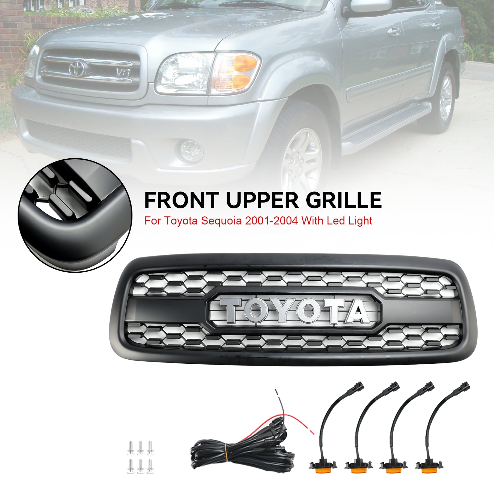 2001-2004 Toyota Sequoia TRD RPO Style Front Bumper Grill Matte Black Grille W/ LED Lights