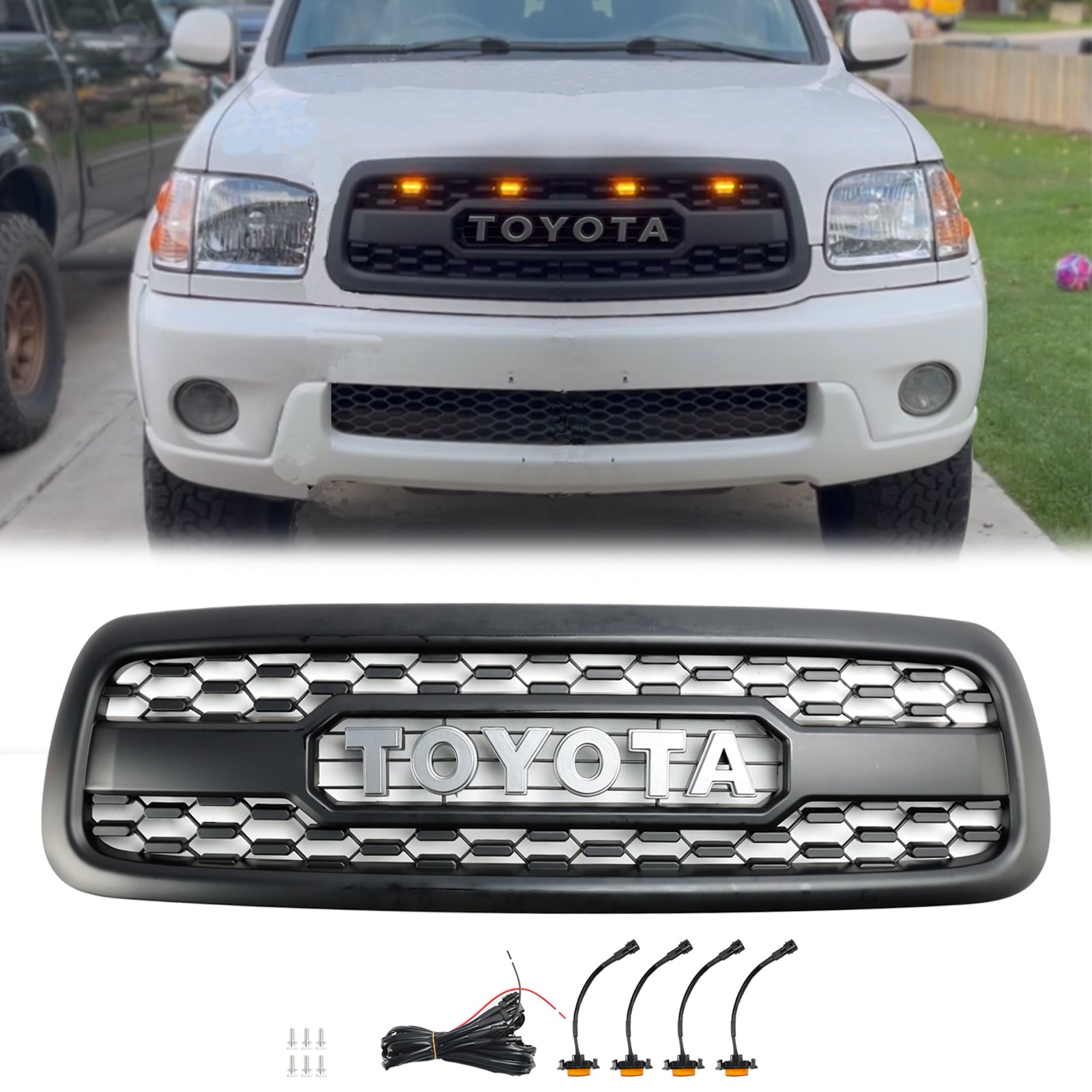 Toyota Sequoia 2001 2002 2003 2004 Front Replacement Grille TRD RPO Style Black Honeycomb Grill W/ LED Lights