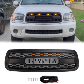 2001-2004 Toyota Sequoia TRD RPO Style Front Bumper Grill Matte Black Grille W/ LED Lights + TOYOTA Letter