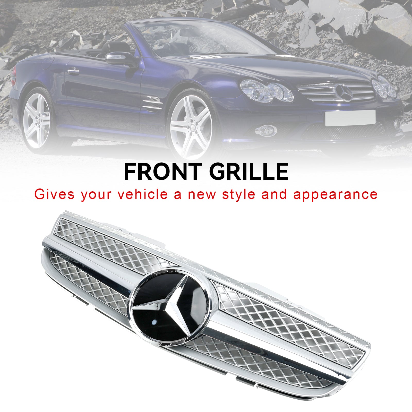 2007-2008 Mercedes Benz SL-Class R230 SL500 SL550 SL600 SL63 AMG Front Bumper Grill Silver Chrome Grille