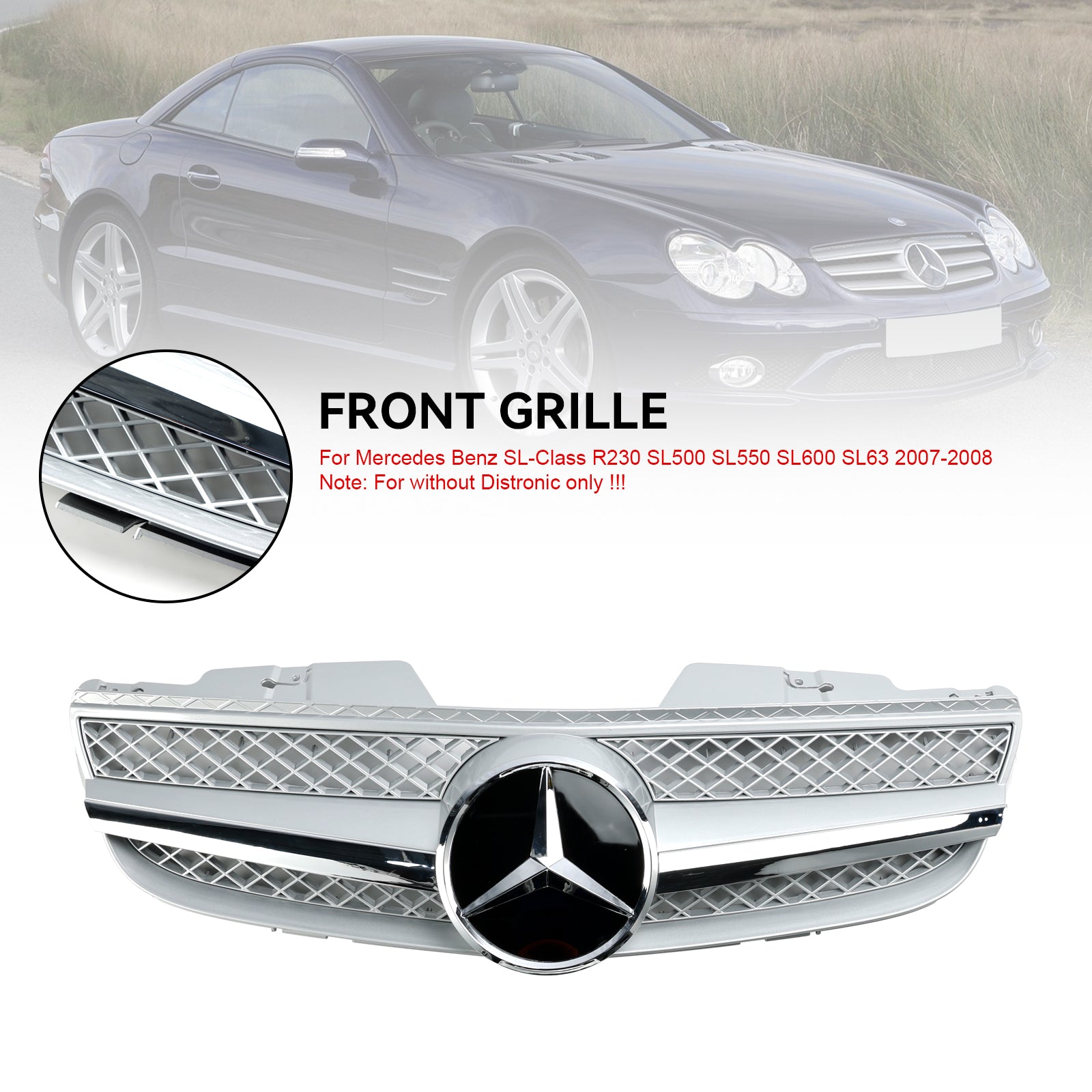 Grille de pare-chocs avant Mercedes Benz Classe SL R230 SL500 SL550 SL600 SL63 AMG 2007-2008 Grille de calandre chromée argentée