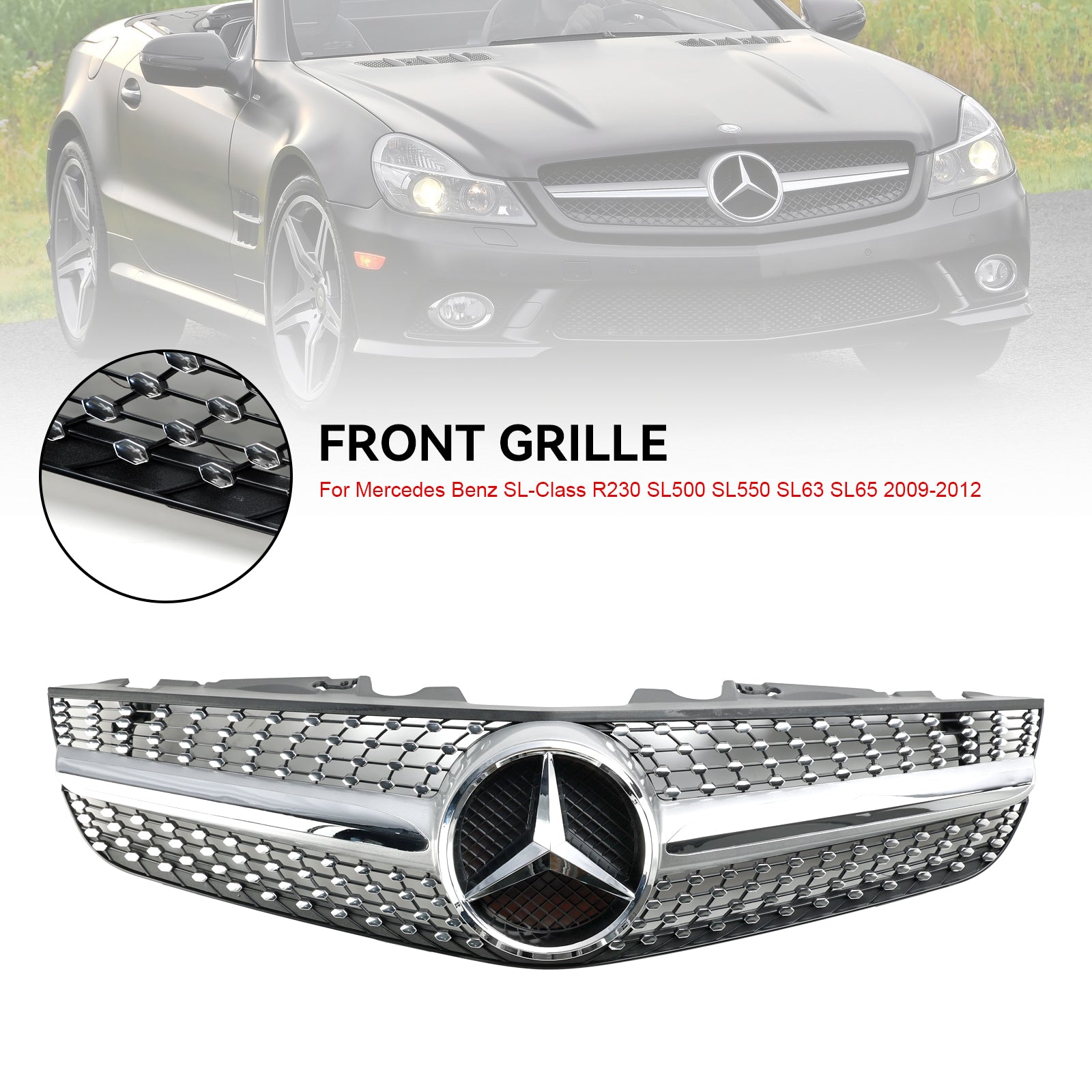 2009-2012 Mercedes Benz SL-Class R230 SL500 SL550 SL63 SL65 Front Bumper Upper Grill AMG Style Grille