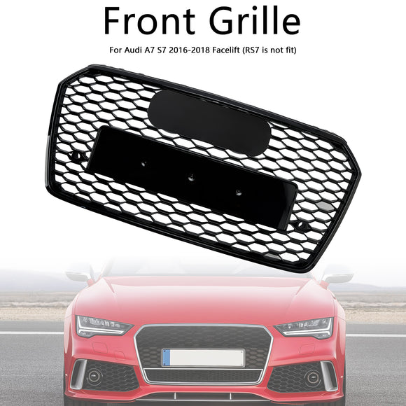 2016-2018 Audi A7 / A7 Sline / S7 4G Facelift Honeycomb Front Bumper Grill RS7 Style Black Grille With Silver Ring Emblem