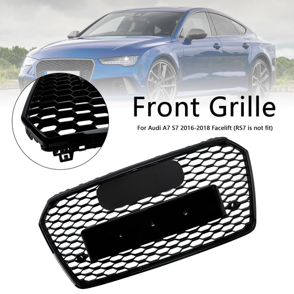 2016-2018 Audi A7 / A7 Sline / S7 4G Facelift Honeycomb Front Bumper Grill RS7 Style Black Grille With Silver Ring Emblem