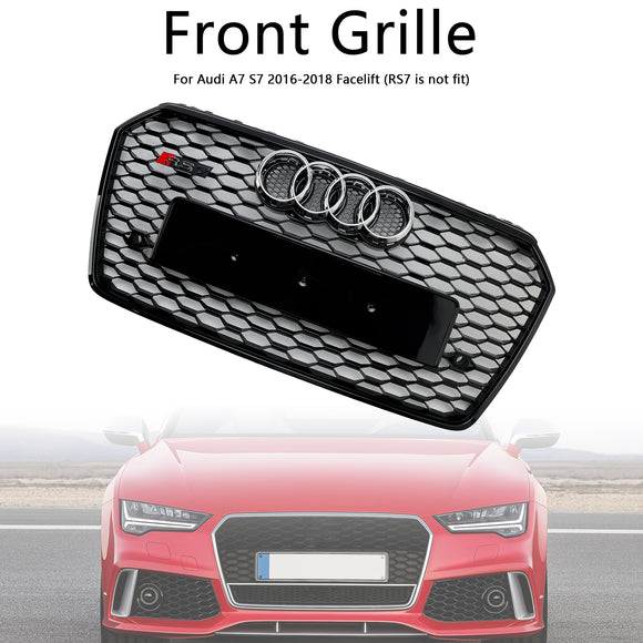 2016 2017 2018 Audi A7 / A7 Sline / S7 4G Front Bumper Honeycomb Grill RS7 Style Black Sport Mesh Grille W/ Ring Emblem