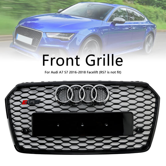 2016 2017 2018 Audi A7 / A7 Sline / S7 4G Front Bumper Honeycomb Grill RS7 Style Black Sport Mesh Grille W/ Ring Emblem