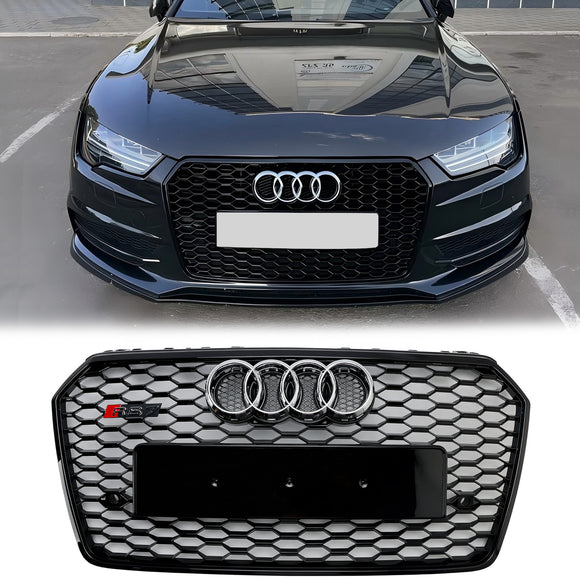 2016 2017 2018 Audi A7 / A7 Sline / S7 4G Front Bumper Honeycomb Grill RS7 Style Black Sport Mesh Grille W/ Ring Emblem