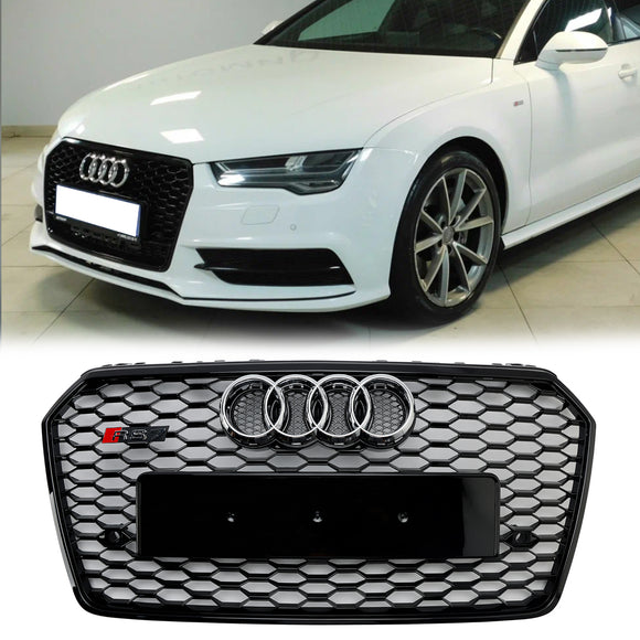 2016 2017 2018 Audi A7 / A7 Sline / S7 4G Front Bumper Honeycomb Grill RS7 Style Black Sport Mesh Grille W/ Ring Emblem