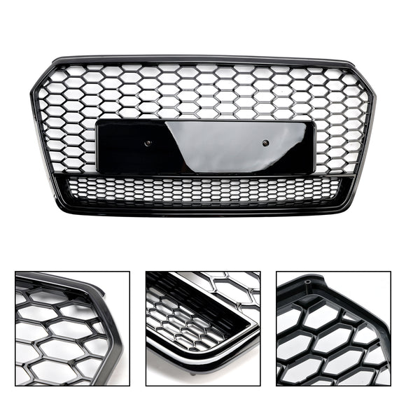 Audi A7 S7 2016-2018 4G Facelift RS7 Quattro Style Front Bumper Grill Glossy Black Honeycomb Grille W/ Ring Emblem