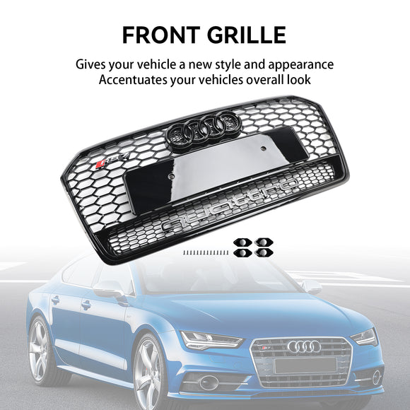 2016 2017 2018 Audi A7 / A7 Sline / S7 4G Front Bumper Honeycomb Grill RS7 Style Black Sport Mesh Grille W/ Ring Emblem