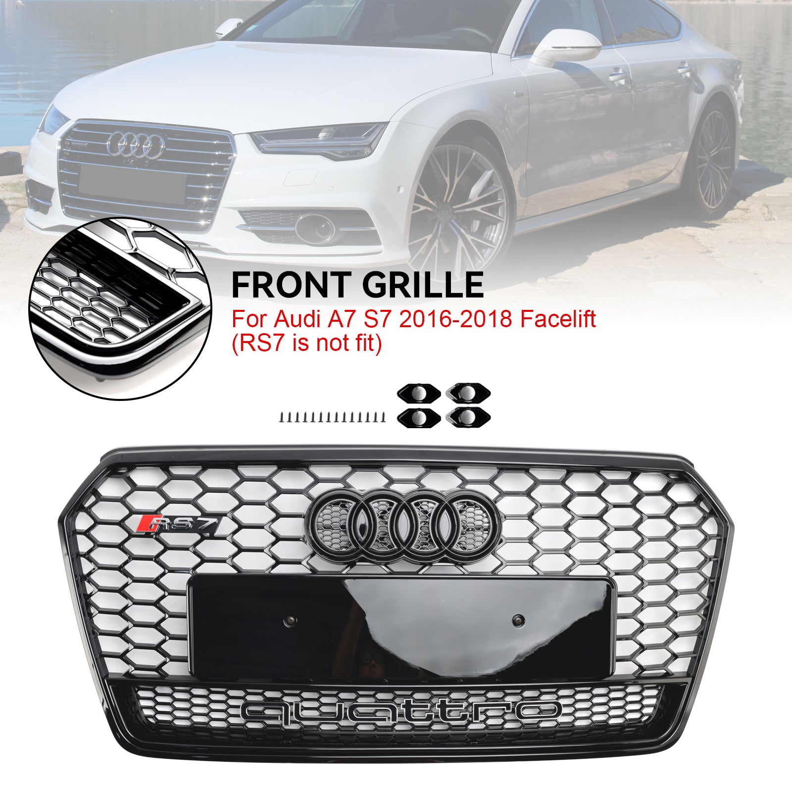 Audi 4G A7 S7 2016-2018 Facelift RS7 Style Front Bumper Grill Glossy Black Honeycomb Grille