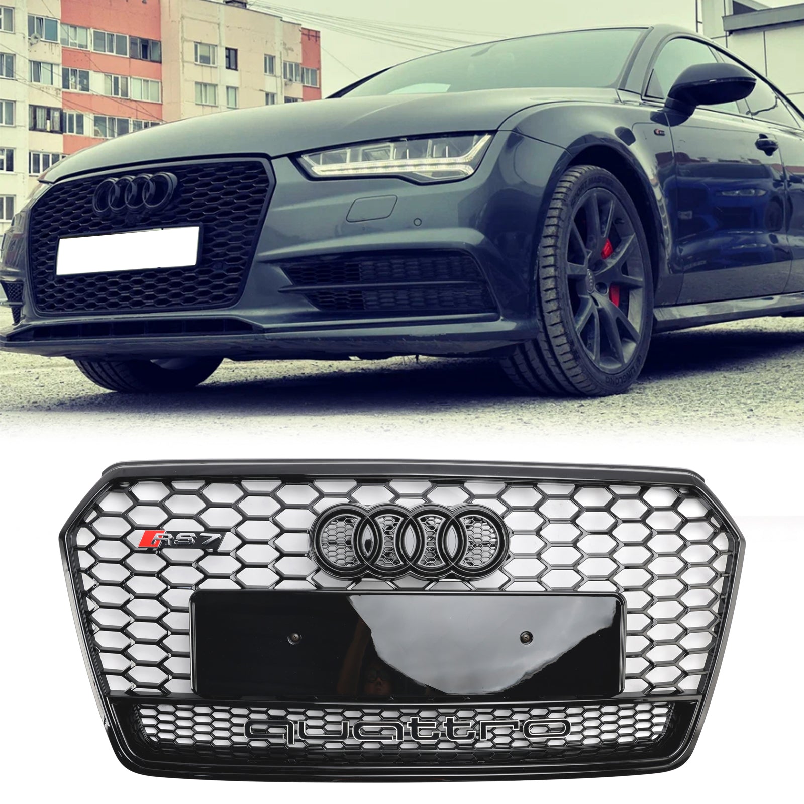 Audi 4G A7 S7 2016-2018 Facelift RS7 Style Front Bumper Grill Glossy Black Honeycomb Grille