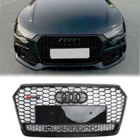 Parrilla de parachoques delantero estilo Audi 4G A7 S7 2016-2018 Facelift RS7 Quattro, rejilla de panal negra brillante con emblema de anillo