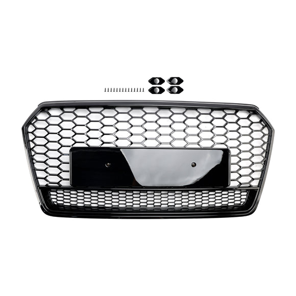 Audi A7 S7 2016-2018 4G Facelift RS7 Quattro Style Front Bumper Grill Glossy Black Honeycomb Grille W/ Ring Emblem