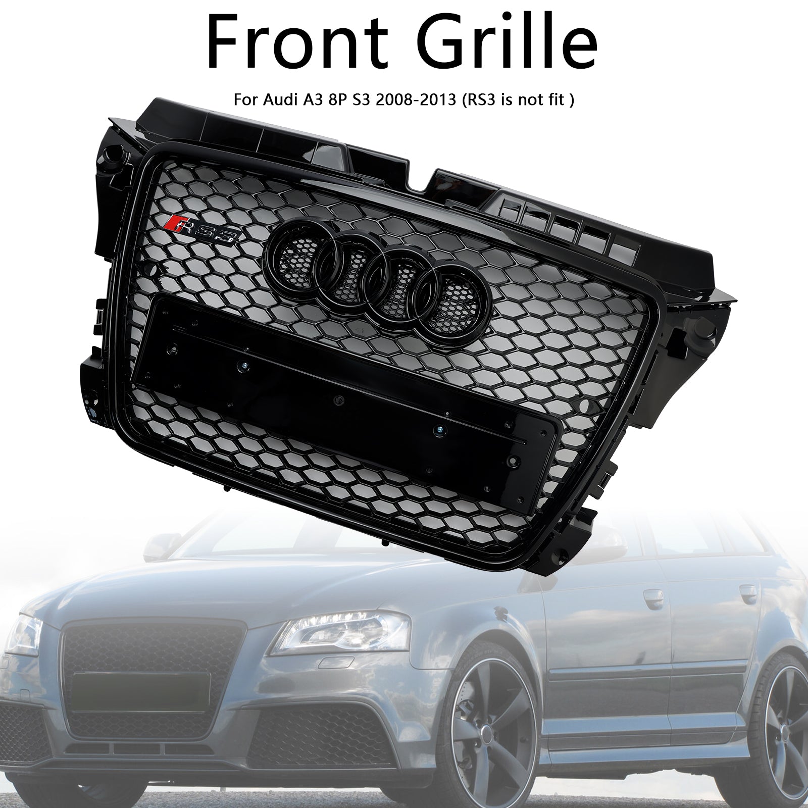 Grille avant noire en nid d'abeille pour Audi 8P A3 / A3 Sline / S3 2008-2013, remplacement du pare-chocs RS3 avec maillage hexagonal et emblème en anneau.