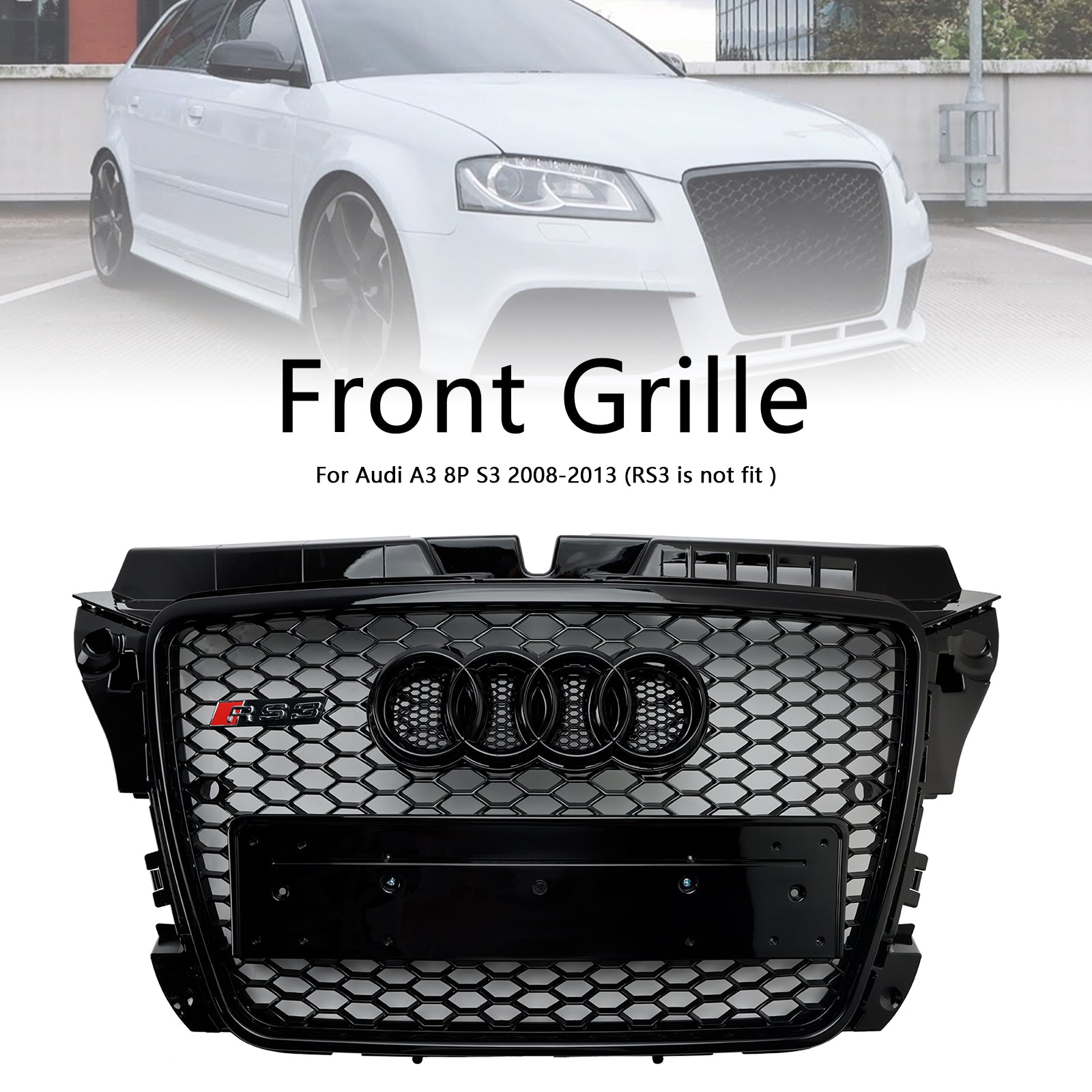 Grille avant noire en nid d'abeille pour Audi 8P A3 / A3 Sline / S3 2008-2013, remplacement du pare-chocs RS3 avec maillage hexagonal et emblème en anneau.