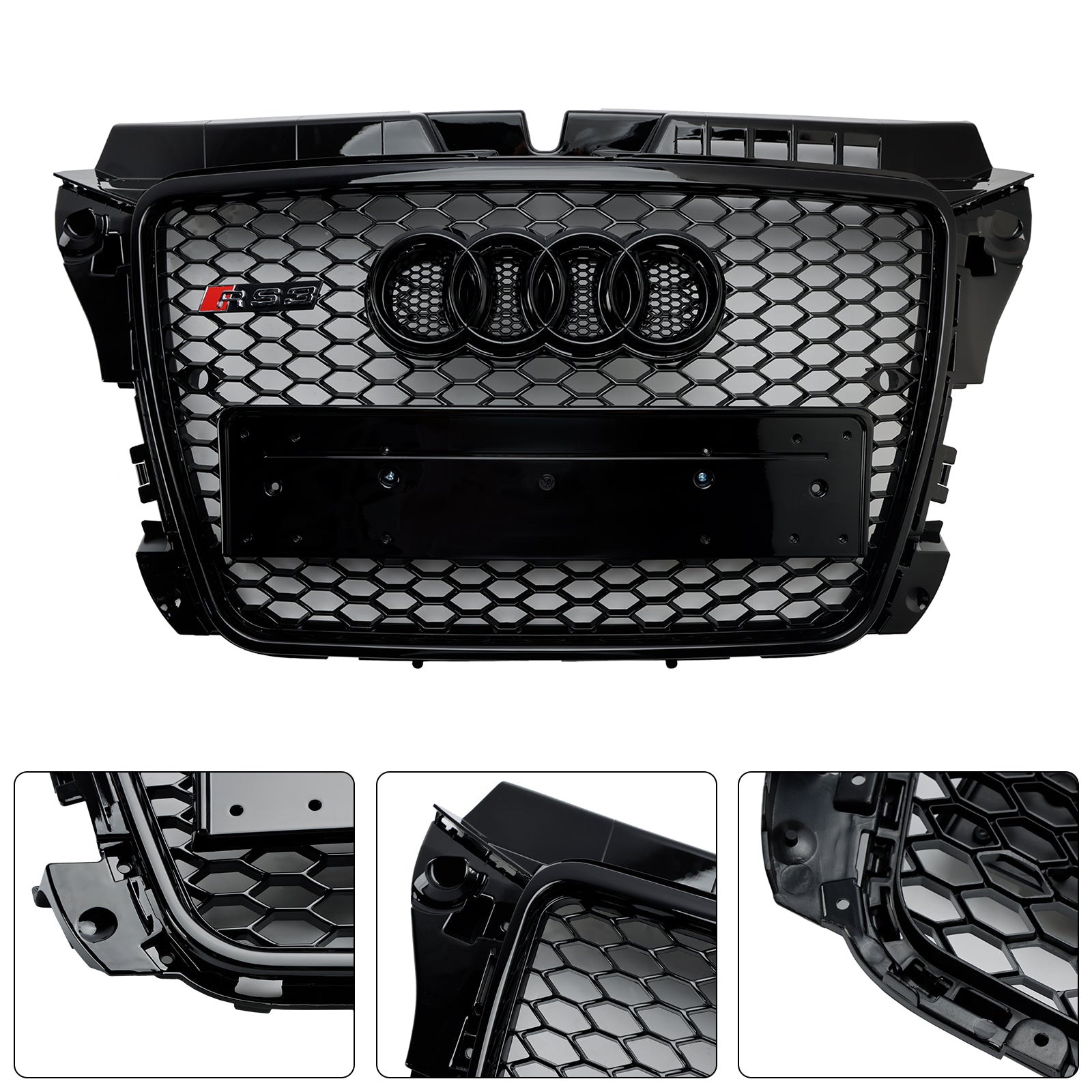 Audi 8P A3/ A3 Sline/ S3 2008-2013 Black Honeycomb Front Grille RS3 Mesh Hex Bumper Replacemetn Grill With Ring Emblem